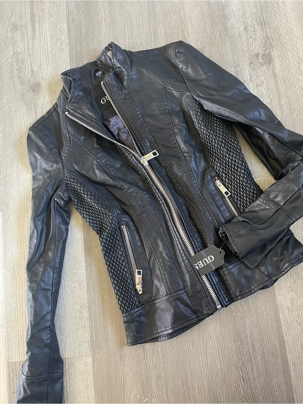 GUESS Black Quilted Leather Moto Jacket